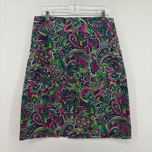 Talbots Womens Green Pink Paisley Cotton A-Line Skirt Size 10 Back Zip Lined